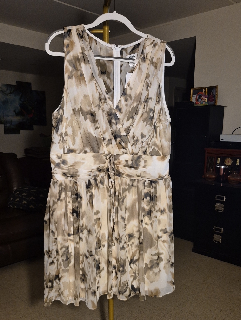 DKNY Beige and Gray Floral Sleeveless Midi Wrap Dress